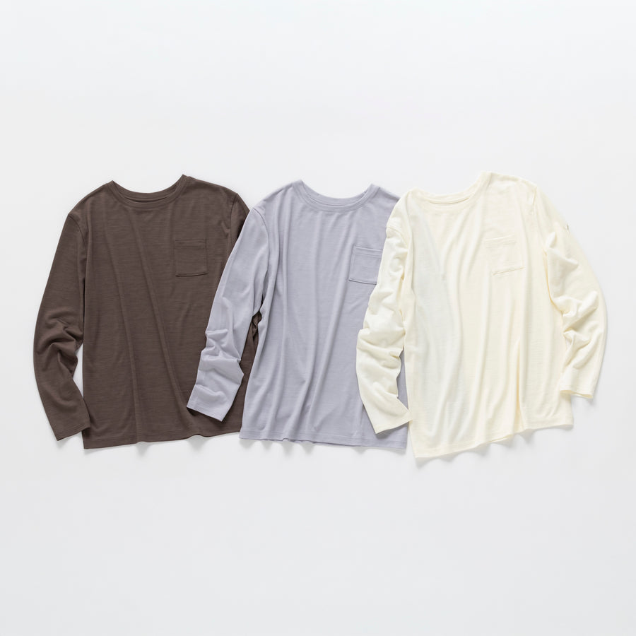 ［かわり芽］胸にポケット 長袖ウールTシャツ